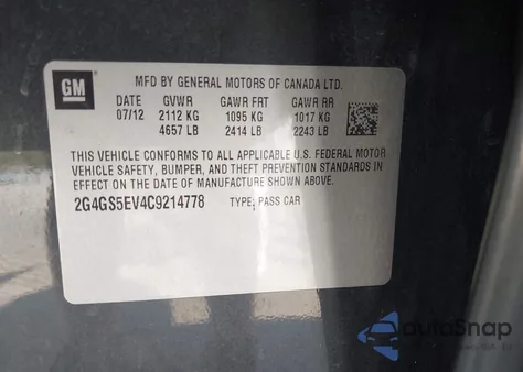 2012 Buick Regal Turbo - Premium 1 from USA, damaged, VIN 2G4GS5EV4C9214778